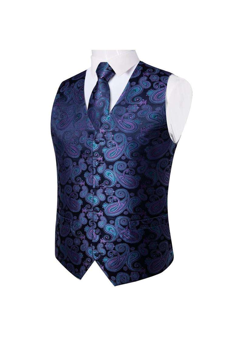 Dibangu Mens Paisley Waistcoat and Necktie Pocket Square Cufflink Vest Suit Set for Tuxedo - Indya