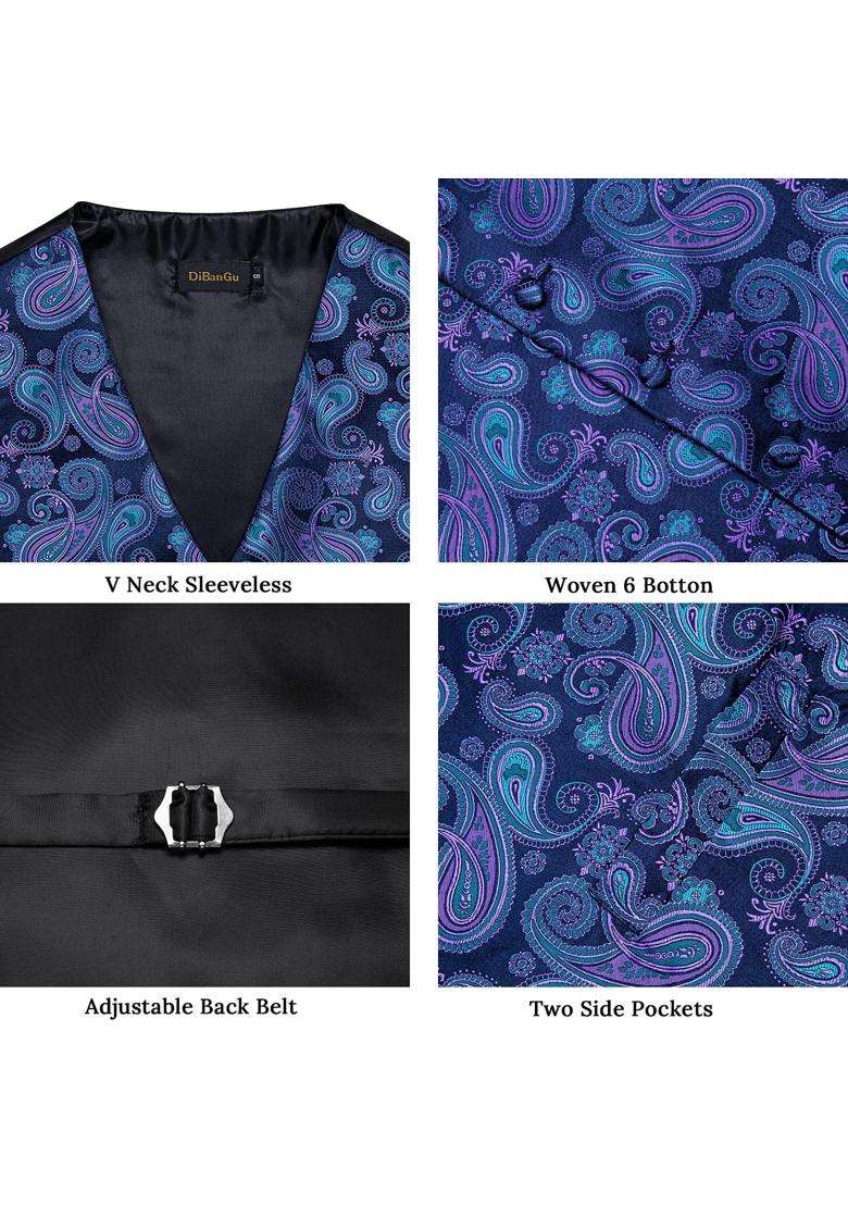 Dibangu Mens Paisley Waistcoat and Necktie Pocket Square Cufflink Vest Suit Set for Tuxedo - Indya