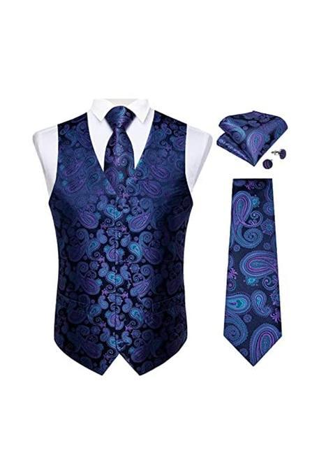 Dibangu Mens Paisley Waistcoat and Necktie Pocket Square Cufflink Vest Suit Set for Tuxedo