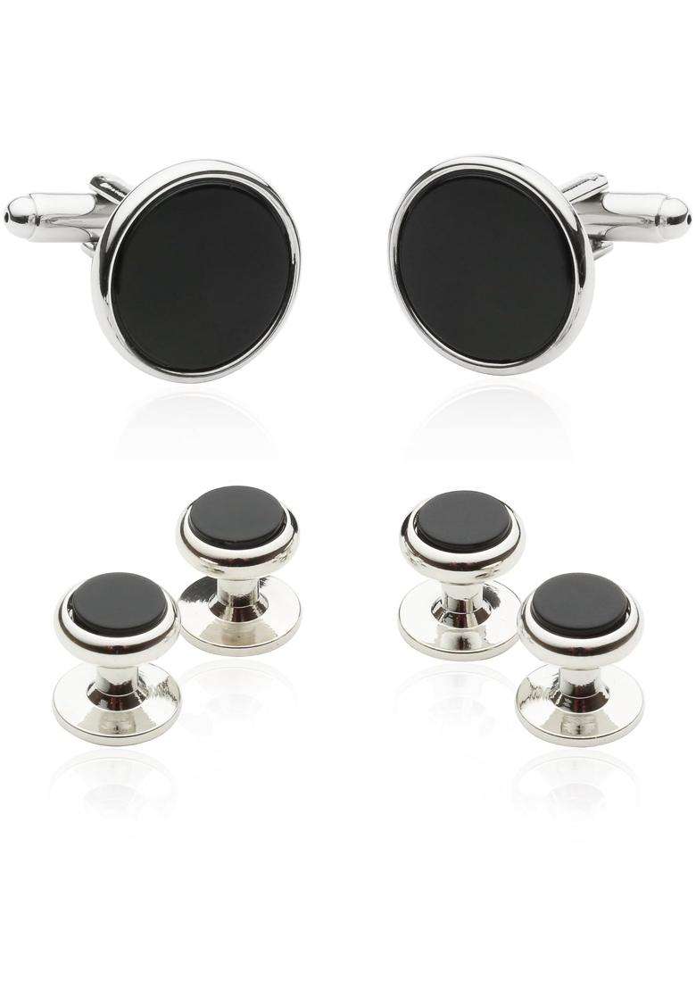 Cuff Daddy Tuxedo Cufflinks and Studs Black Onyx with Silver Tone with Gift Box - Indya