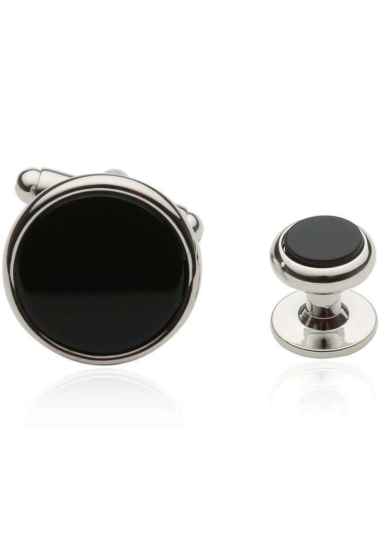 Cuff Daddy Tuxedo Cufflinks and Studs Black Onyx with Silver Tone with Gift Box - Indya