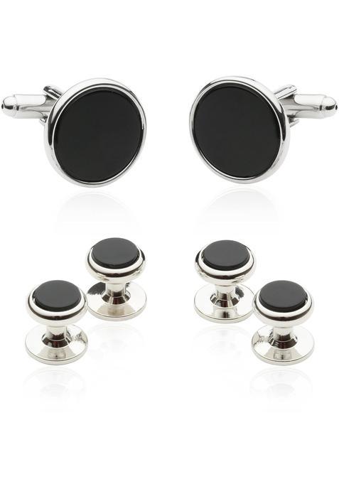 Cuff Daddy Tuxedo Cufflinks and Studs Black Onyx with Silver Tone with Gift Box