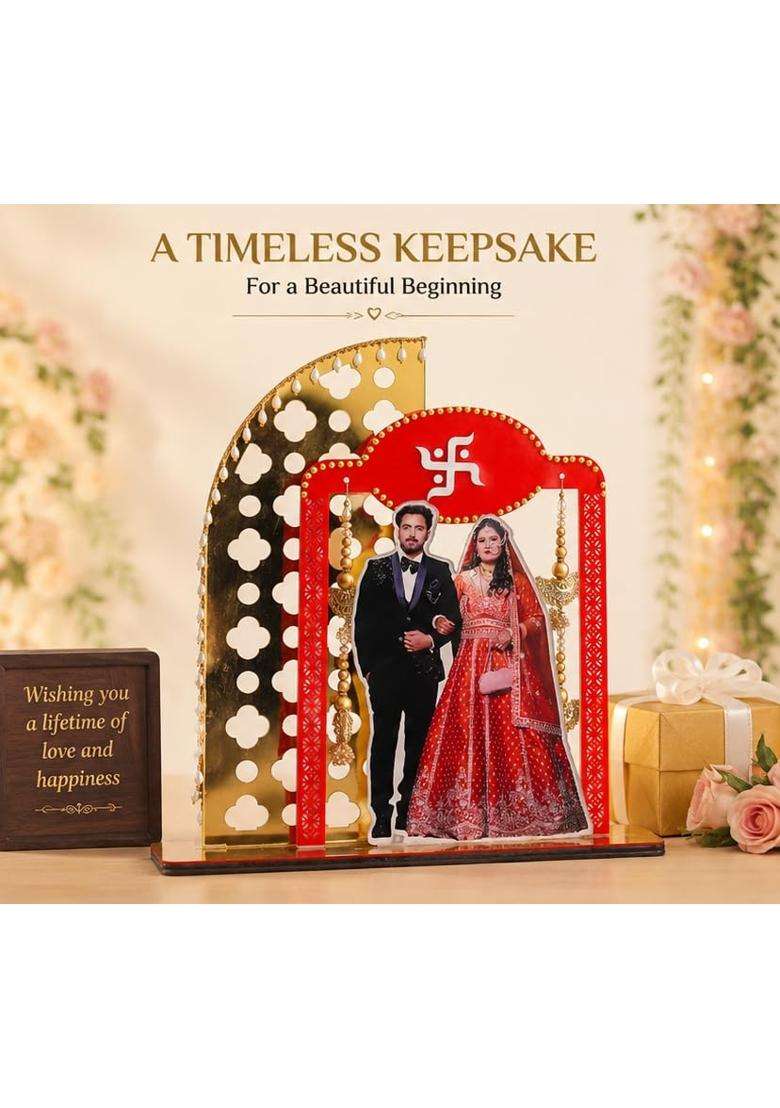 Multicolour Wedding Couple Decorative Arch Stand Traditional Bride Groom 3D Tabletop Decoration with Hanging - Indya