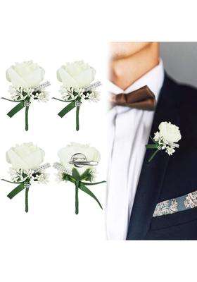 Afasoes 4Pcs Wedding Boutonniere White Rose Boutonniere Handmade Corsage Buttonhole Flowers with Pin and Clip