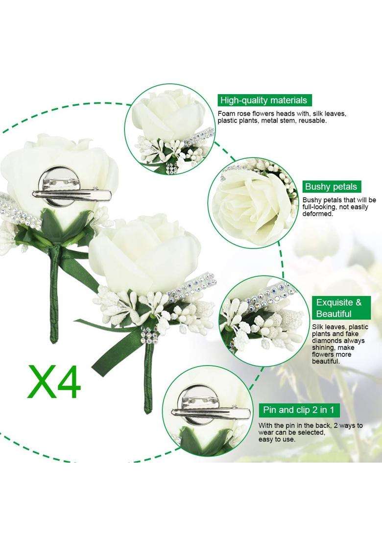 Afasoes 4Pcs Wedding Boutonniere White Rose Boutonniere Handmade Corsage Buttonhole Flowers with Pin and Clip - Indya