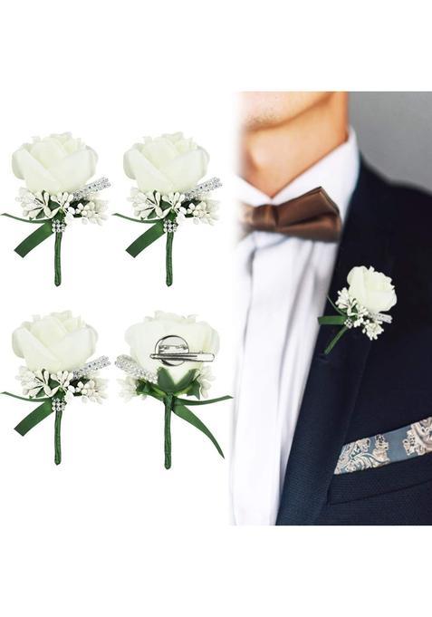 Afasoes 4Pcs Wedding Boutonniere White Rose Boutonniere Handmade Corsage Buttonhole Flowers with Pin and Clip