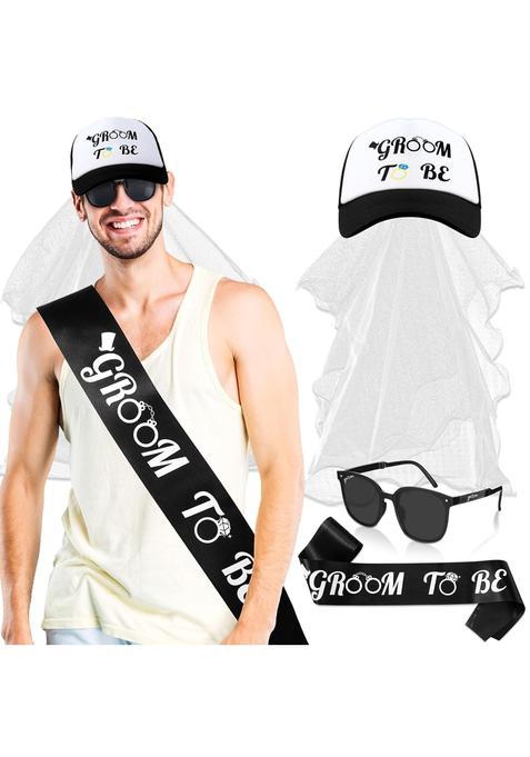 Jagely Black 4 Pcs Wedding Bachelor Party Accessories for Groom Set Includes Hat and Veil Sash Sunglasses