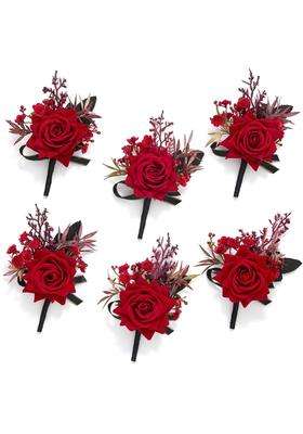 Serwalin 6 Pcs Red Rose Boutonniere for Men Wedding Prom Party