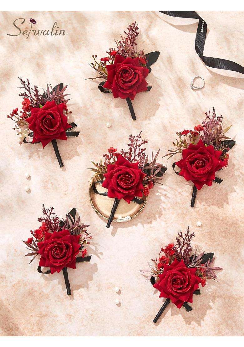 Serwalin 6 Pcs Red Rose Boutonniere for Men Wedding Prom Party - Indya