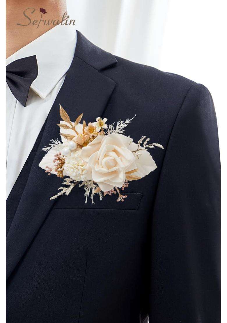 Serwalin 2Pcs Champagne Rose Boutonniere for Men Wedding Prom Party - Indya