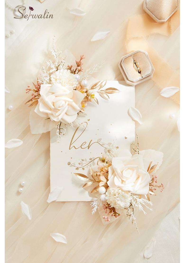 Serwalin 2Pcs Champagne Rose Boutonniere for Men Wedding Prom Party - Indya