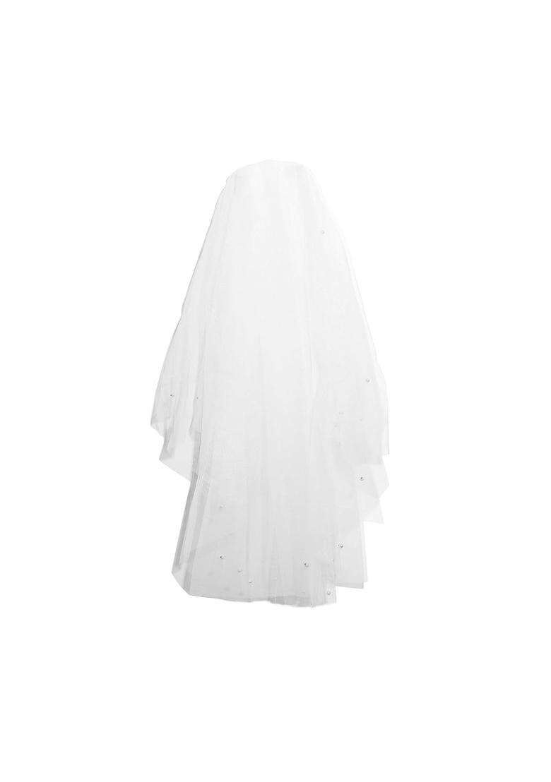 Jewelrywe Pearl Veil for Bride White Double Tulle Veil with Beads Wedding Proposal Bride Groom Bachelorette - Indya