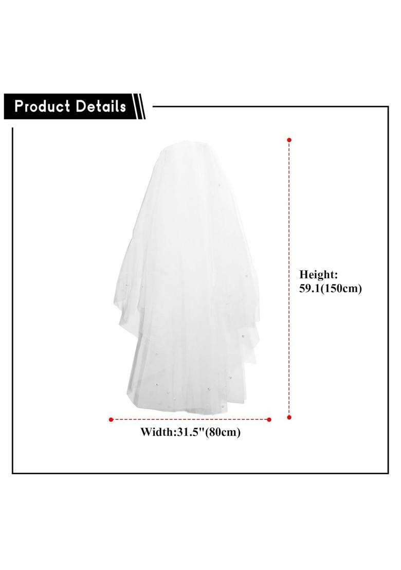 Jewelrywe Pearl Veil for Bride White Double Tulle Veil with Beads Wedding Proposal Bride Groom Bachelorette - Indya