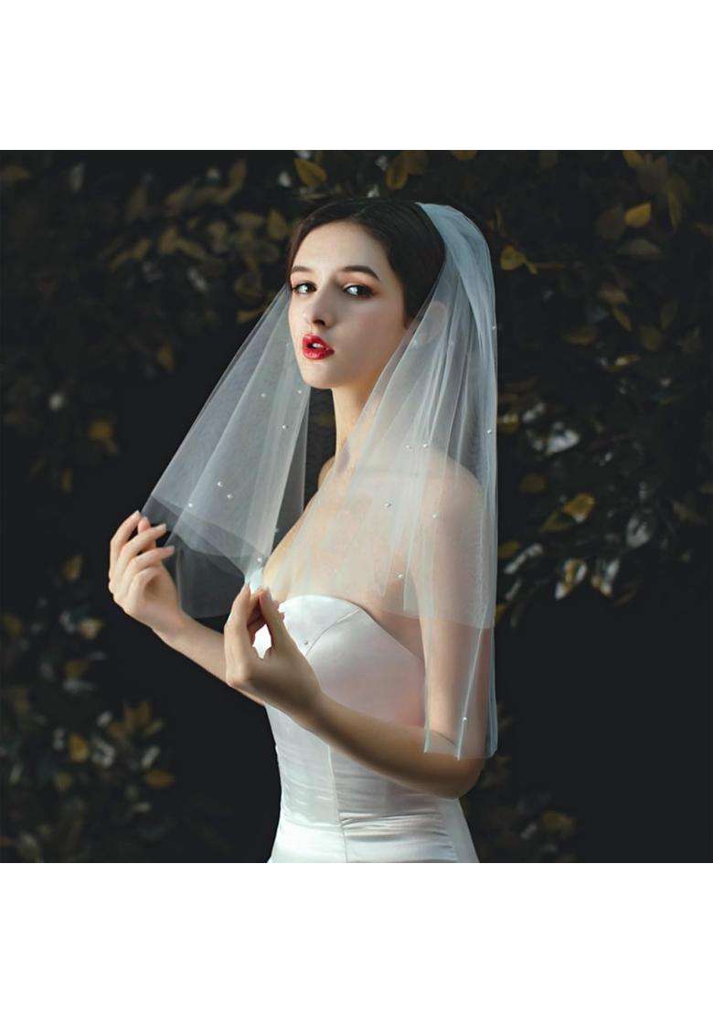 Jewelrywe Pearl Veil for Bride White Double Tulle Veil with Beads Wedding Proposal Bride Groom Bachelorette - Indya