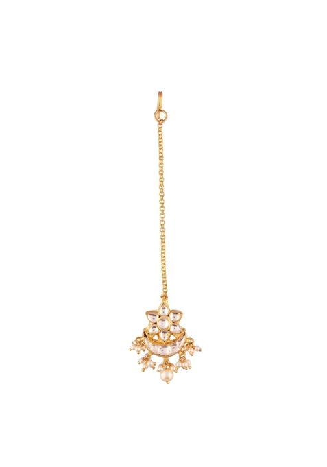 Accessher Gold Plated Traditional Jadau Pachi Kundan Embellished Chandbali Design Delicate Maang Tika Maang