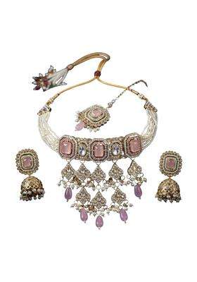 Pink Choker Necklace Set with Jhumka Earrings and Maang Tikka