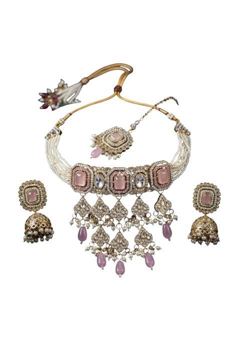 Pink Choker Necklace Set with Jhumka Earrings and Maang Tikka