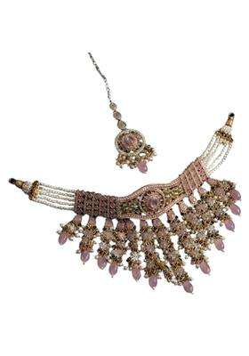 Pink Bridal Choker Necklace Set with Jhumka Earrings and Maang Tikka