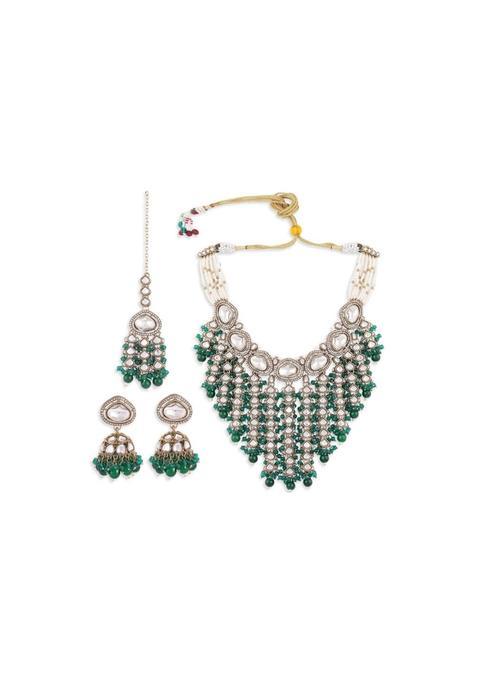 SAMC Women Golden Plated Kundan Maang Tikka and Earrings Set