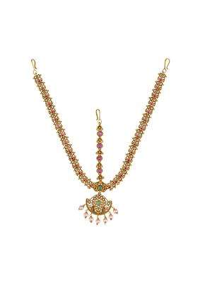 Kushals Fashion Jewellery Ruby Green Gold Polished Antique Maang Tikka for Women