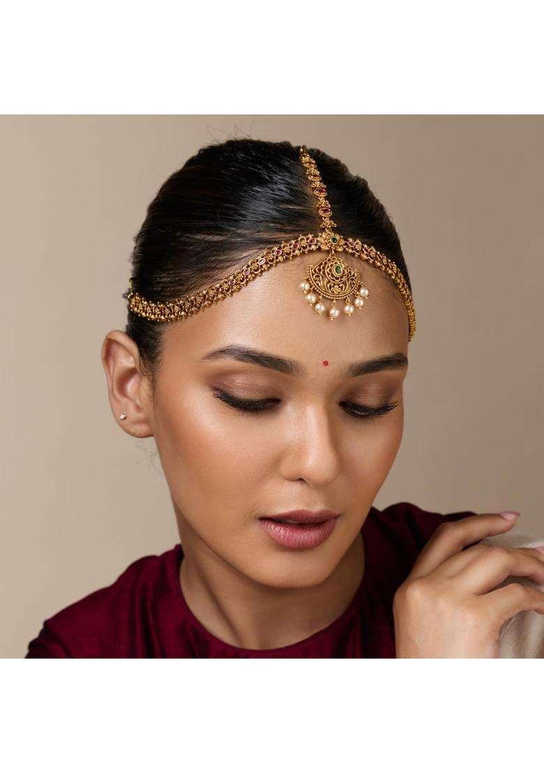 Kushals Fashion Jewellery Ruby Green Gold Polished Antique Maang Tikka for Women - Indya