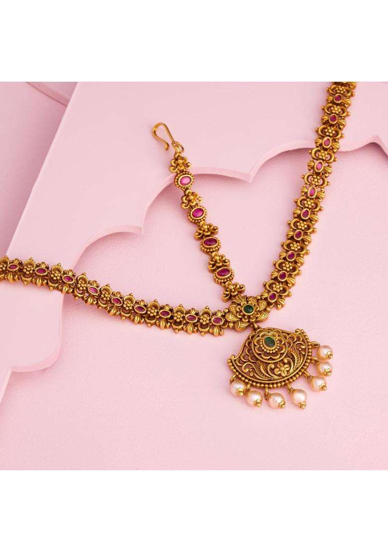 Kushals Fashion Jewellery Ruby Green Gold Polished Antique Maang Tikka for Women - Indya