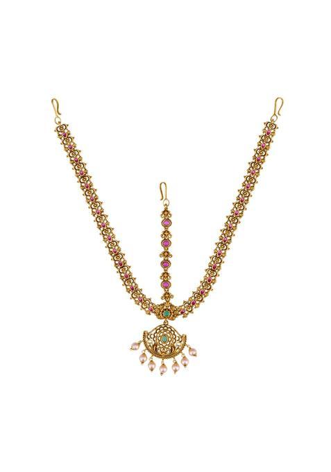 Kushals Fashion Jewellery Ruby Green Gold Polished Antique Maang Tikka for Women