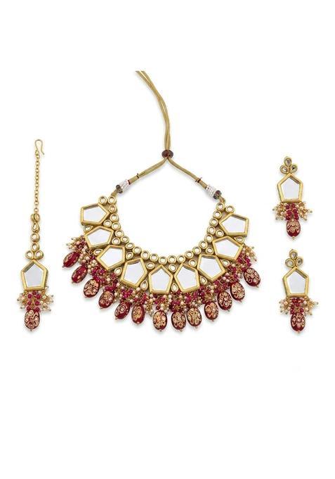 7 Sparkles Semi Bridal Kundan Imitation Jewelry Set with Maang Tikka