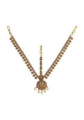 Kushals Fashion Jewellery Ruby Green Gold Polished Antique Maang Tikka for Women