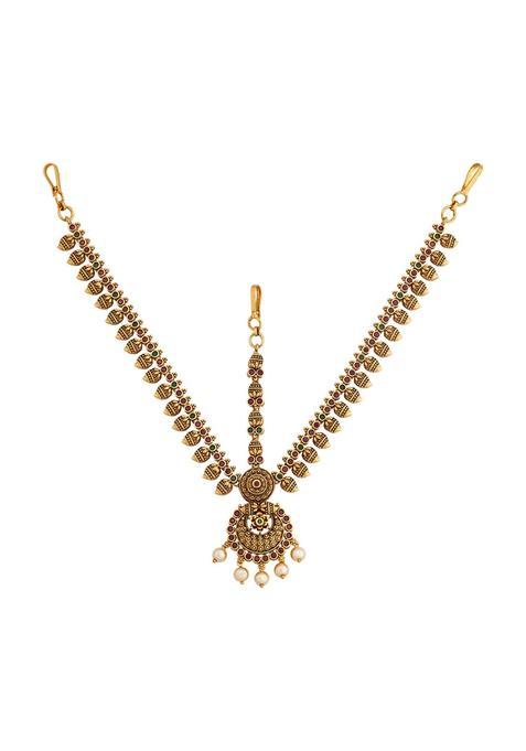 Kushals Fashion Jewellery Ruby Green Gold Polished Antique Maang Tikka for Women