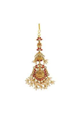 Kushals Fashion Jewellery Ruby Gold Polished Antique Maang Tikka for Women