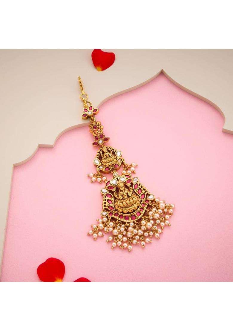 Kushals Fashion Jewellery Ruby Gold Polished Antique Maang Tikka for Women - Indya