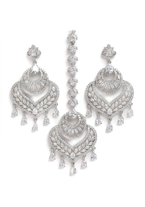 Zeneme White Stylish Shiny Round Design Rodhium Plated Maang Tikka Earring Set Jewellery for Women and Girls