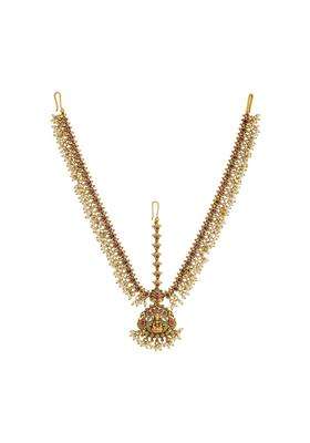 Kushals Fashion Jewellery Ruby Gold Plated Antique Maang Tikka for Women