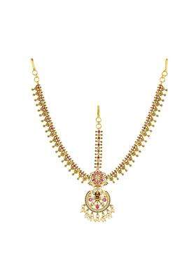 Kushals Fashion Jewellery Ruby Green Gold Plated Antique Maang Tikka for Women
