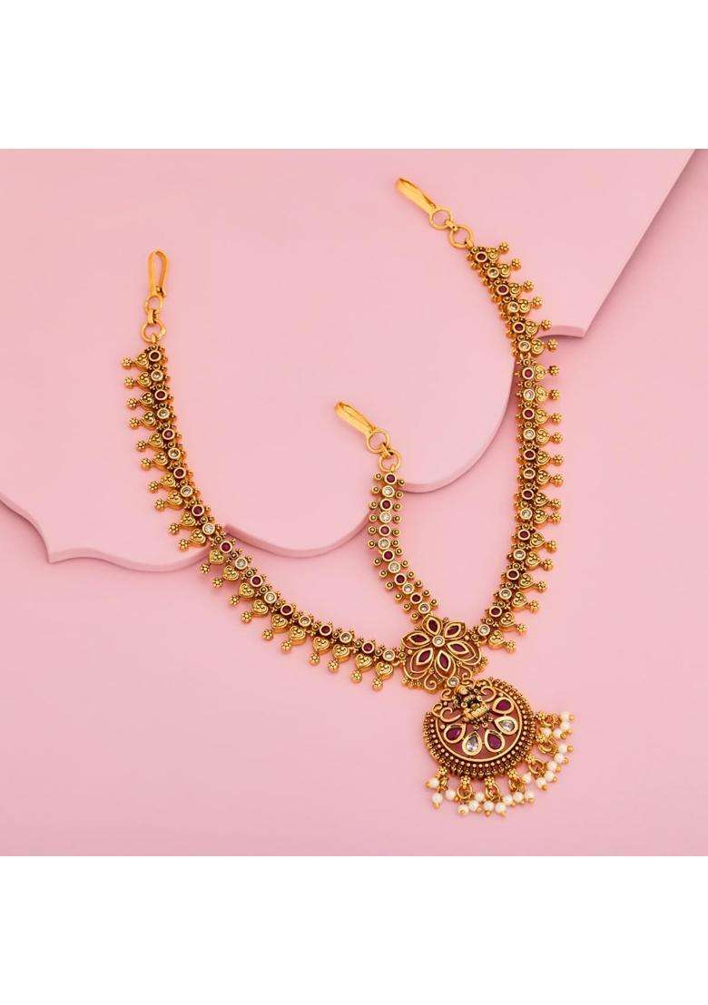 Kushals Fashion Jewellery Ruby Green Gold Plated Antique Maang Tikka for Women - Indya