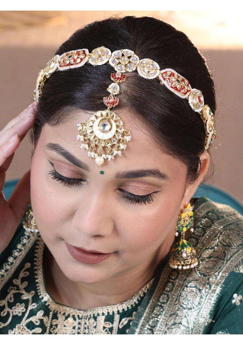 Viana Jewels Multicolor Aana Maangtikka Hairband for Women Brass Kundan Matha Patti Traditional Bridal - Indya