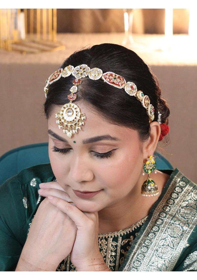 Viana Jewels Multicolor Aana Maangtikka Hairband for Women Brass Kundan Matha Patti Traditional Bridal - Indya