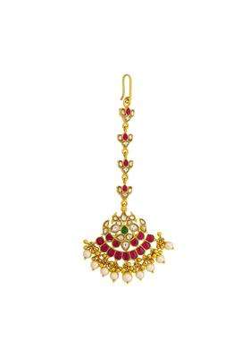 Kushals Fashion Jewellery Ruby Green Gold Plated 925 Silver Temple Maang Tikka for Women