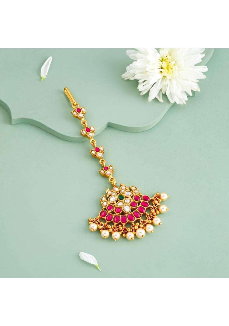 Kushals Fashion Jewellery Ruby Green Gold Plated 925 Silver Temple Maang Tikka for Women - Indya