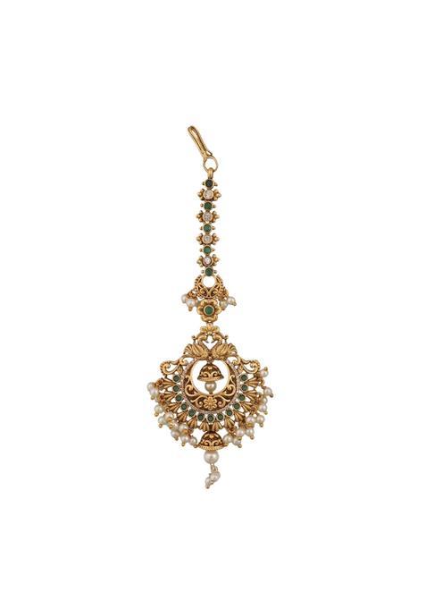 Tarinika Antique Maang Tikka Nethi Chutti for Women Gold Plated Brass and CZ Stones Head Jewelry