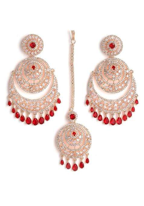 Zeneme Rose Gold Plated American Diamond Studded Maang Tikka and Earrings Jewellery Set for Woment and Girl