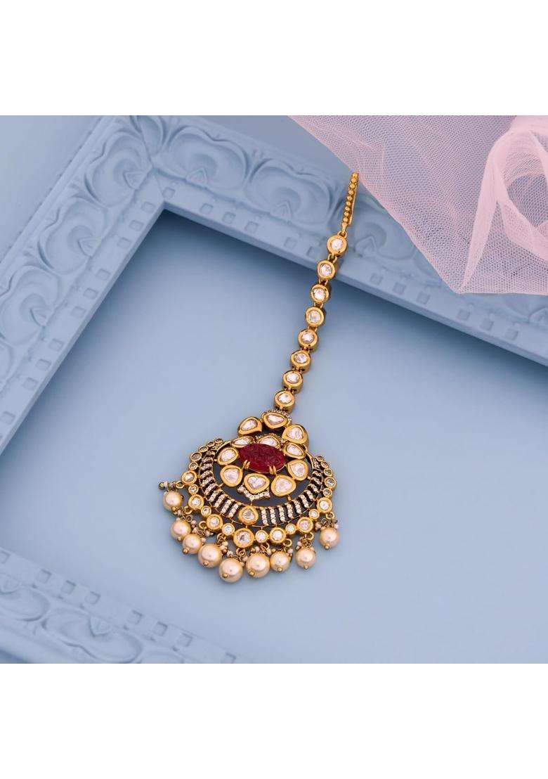 Kushals Fashion Jewellery Ruby Victorian Polished Kundan Maang Tikka for Women - Indya