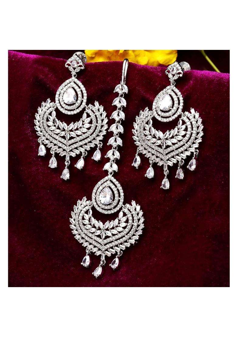 Kennice White Rodhium Plated American Diamond Studded Maang Tikka with Earring Jewellery for Women and Girls - Indya