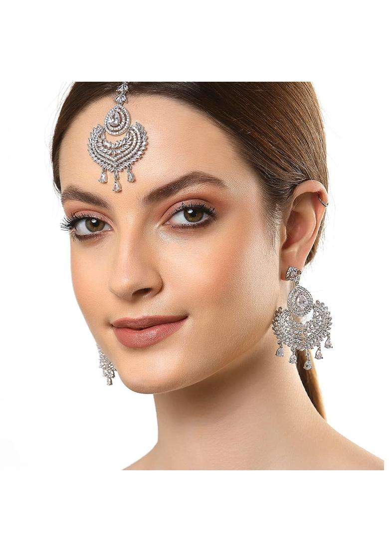 Kennice White Rodhium Plated American Diamond Studded Maang Tikka with Earring Jewellery for Women and Girls - Indya