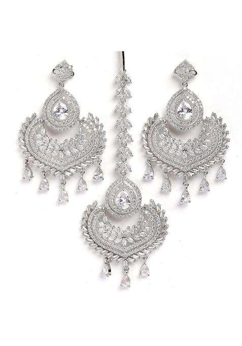 Kennice White Rodhium Plated American Diamond Studded Maang Tikka with Earring Jewellery for Women and Girls