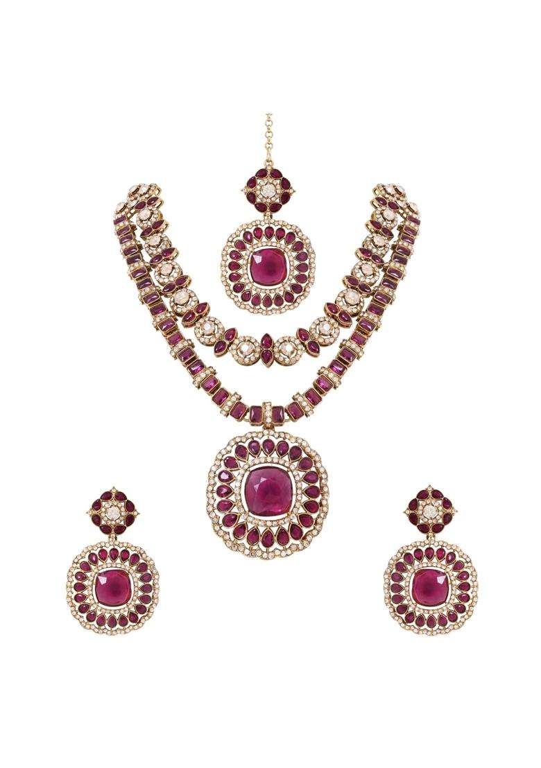 I Jewels Gold Plated Traditional Double Layer Design and Stone Necklace Jewellery with Earrings and Maang - Indya