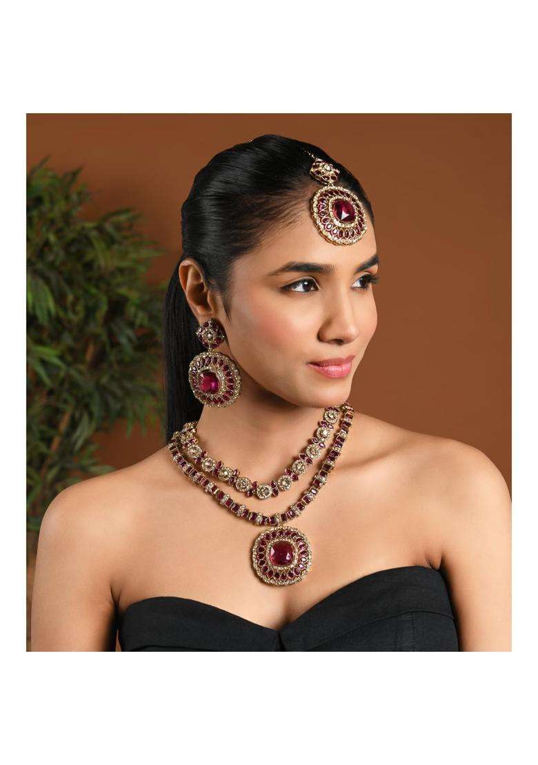I Jewels Gold Plated Traditional Double Layer Design and Stone Necklace Jewellery with Earrings and Maang - Indya
