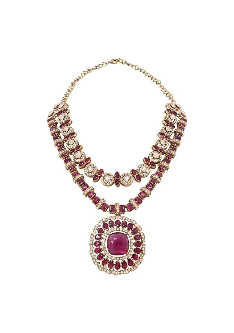 I Jewels Gold Plated Traditional Double Layer Design and Stone Necklace Jewellery with Earrings and Maang - Indya