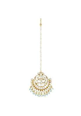 Nuyug 22K Gold Plated Maang Tikka with Pearls and Aqua Stones